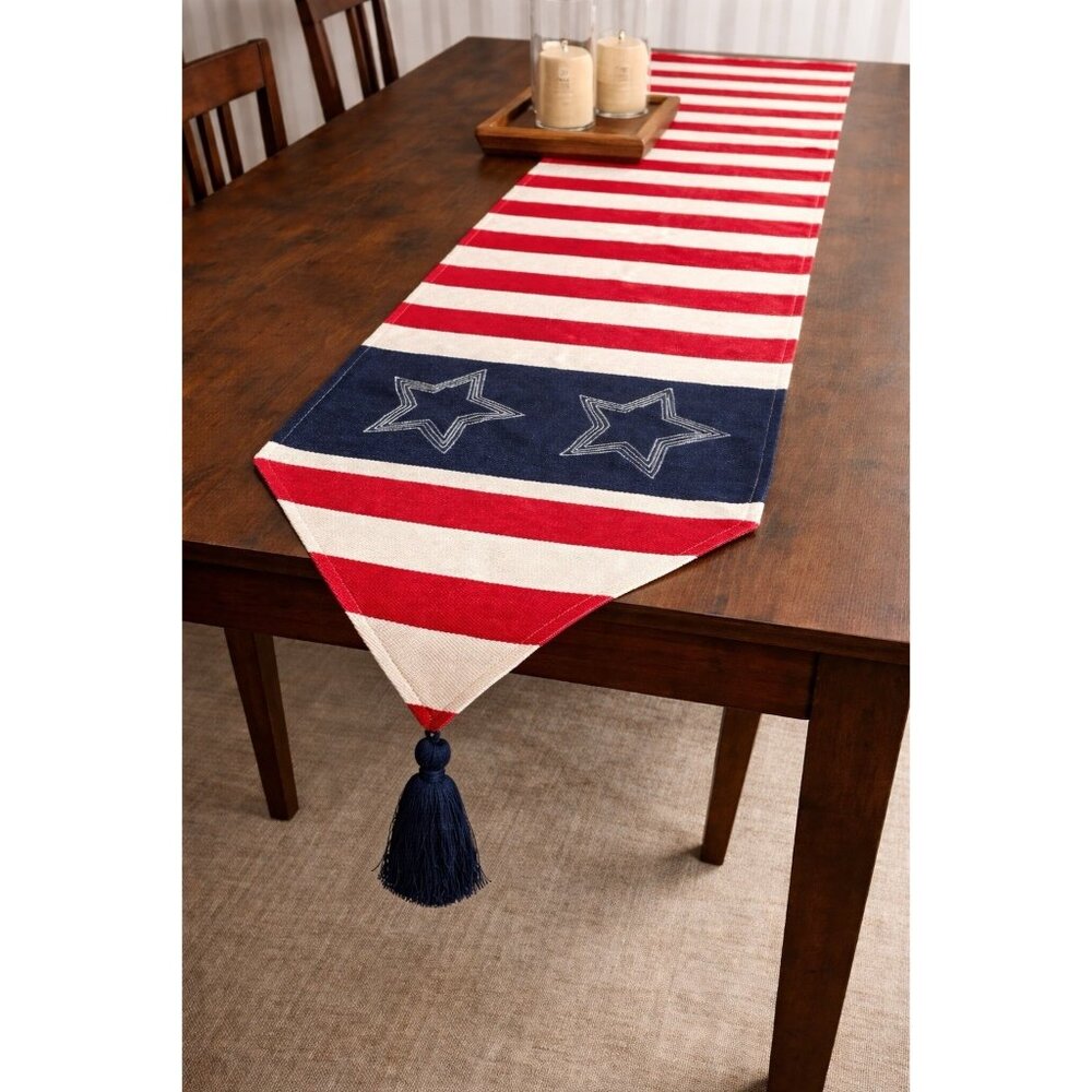 Patriotic Table Runner Red White Blue Stars Tassels
